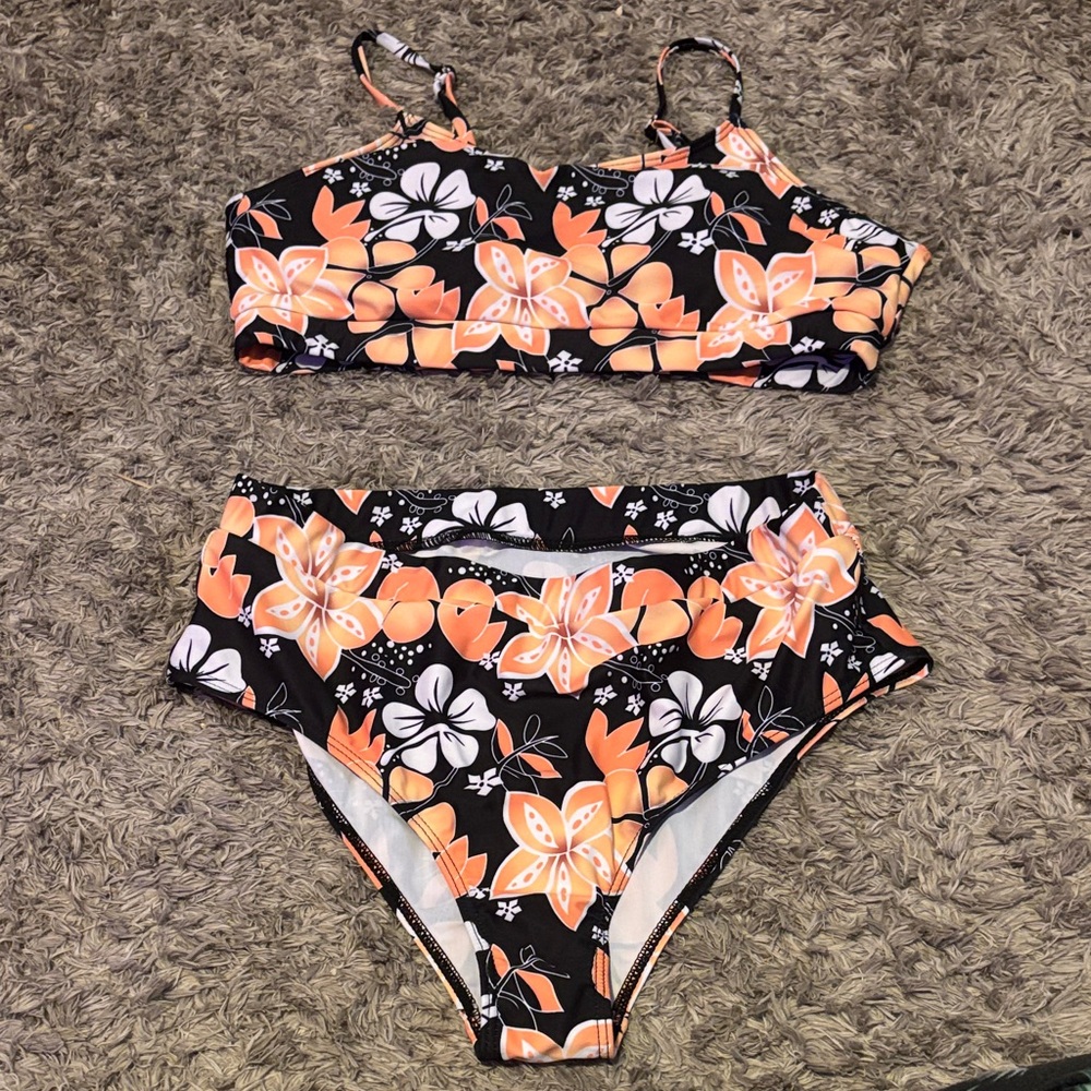SHEIN Black Floral Bikini Set with Orange and White Flowers
